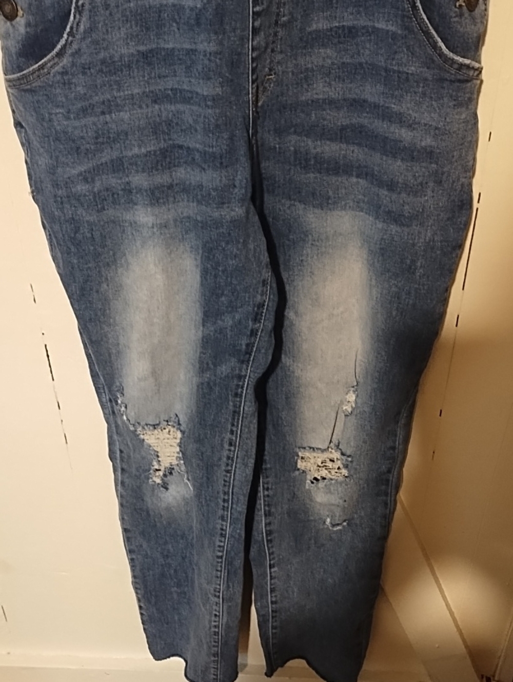 Women’s Blue Denim Distressed Overalls VGC Tattered Size Large. - Picture 4 of 10